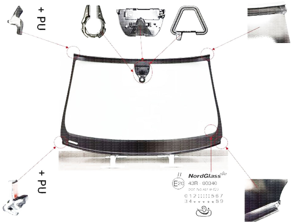 Audi Q7 (4L) (2006-2015), Forrude Grøn + akustisk, Kamerabeslag (LDW/IHC/ACC osv.), Sensor (lys/regn) eller sensorbeslag, Stelnr. udskæring, Limet gummiprofil, akustisk, 1B